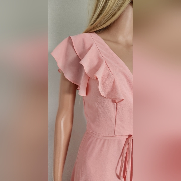 NEW LOOK SOFT PINK RUFFLES CRISS CROSS OPEN BACK WRAP STYLE MIDI DRESS US.6 NWOT - Picture 6 of 13